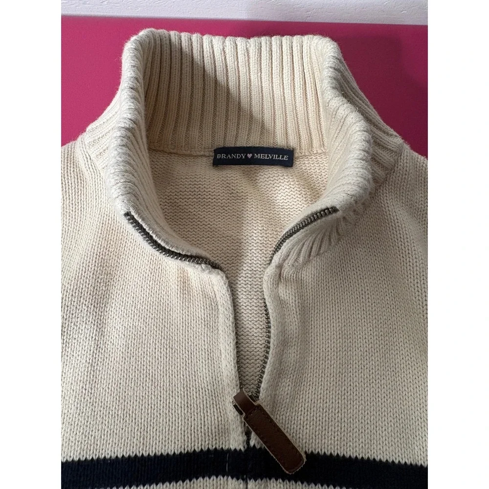 BRANDY MELVILLE Womens Cream Navy Striped Oversized Quarter Zip Sweater One Size